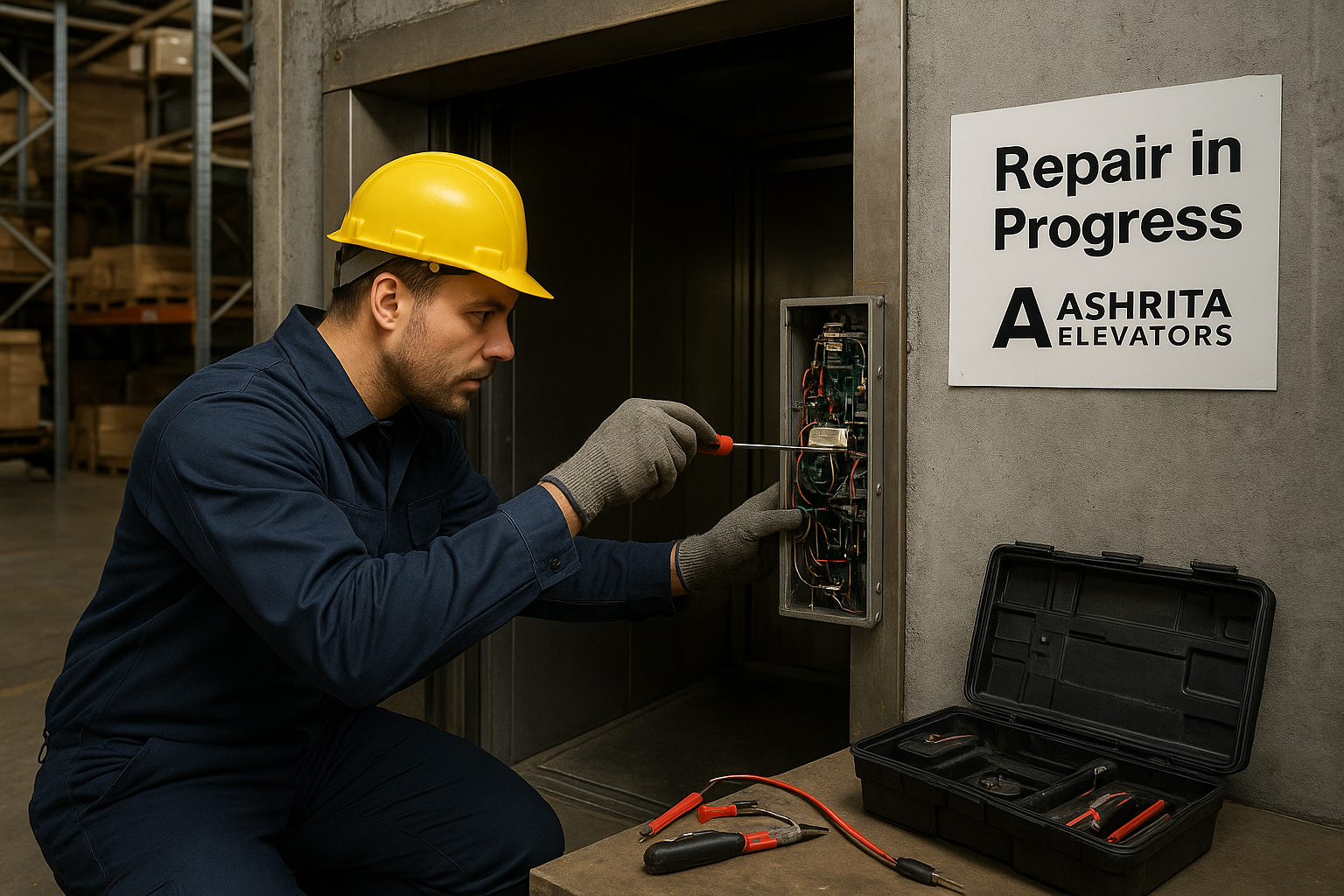 Technician repairing elevator